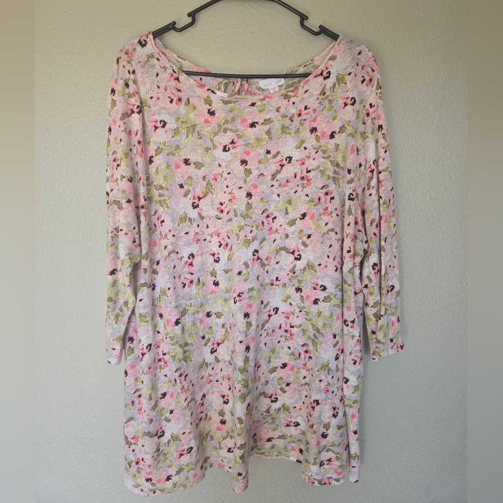 J. Jill Pink Floral Scoop Neck Tunic Top 100% Linen, SPRING